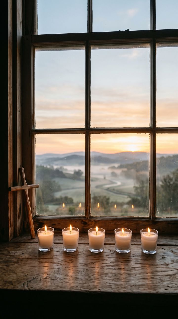 Candles on a windowsill looking out over misty hills at dawn