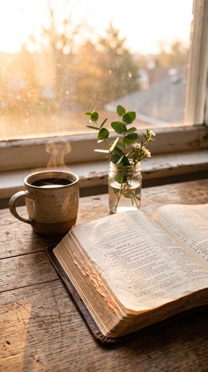 An open Bible on a wooden table beside a mug of coffee in morning light